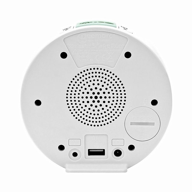 Achterzijde van de Geemarc Wake & Shake Star wekker met luidspreker, USB-aansluiting en batterijklepje.