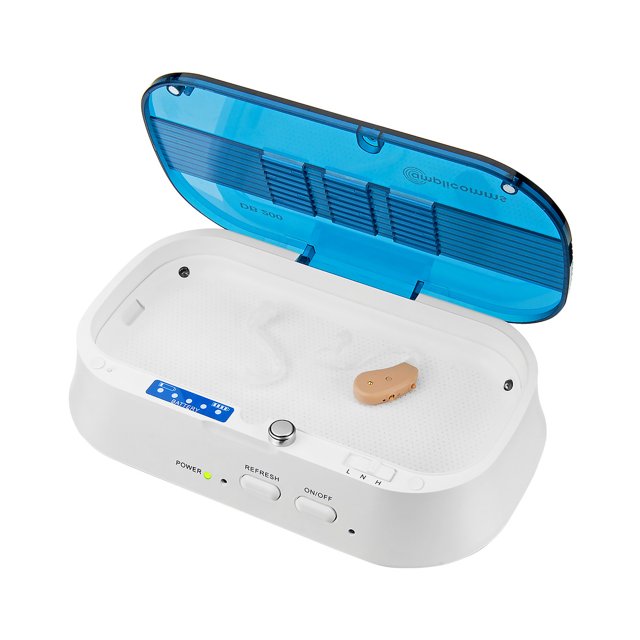 Amplicomms DB200 Plus – Geopende droogbox met hoortoestel en actieve batterijcontrole Amplicomms DB200 Plus – Geopende droogbox met hoortoestel en actieve batterijcontrole