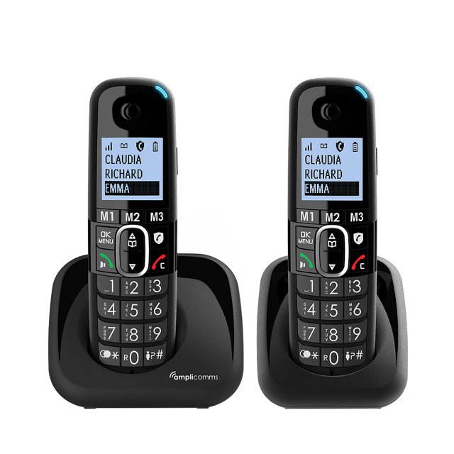 Amplicomms BigTel 1502 Duo DECT draadloze seniorentelefoons met grote toetsen en geheugenknoppen M1-M3 Amplicomms BigTel 1502 Duo DECT draadloze seniorentelefoons met grote toetsen en geheugenknoppen M1-M3