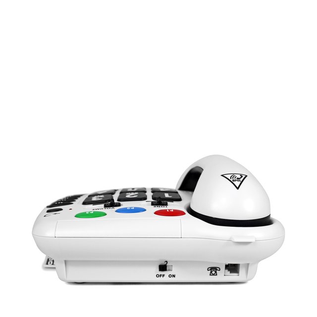 Achterkant van de Geemarc CL100 telefoon met volumeregeling en indicatie voor hoortoestelcompatibiliteit (HAC) Achterkant van de Geemarc CL100 telefoon met volumeregeling en indicatie voor hoortoestelcompatibiliteit (HAC)