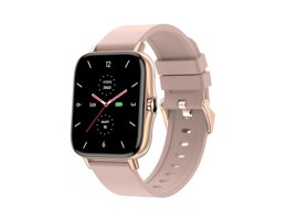 Maxcom FW55 smartwatch met goudkleurige behuizing, zwart display en zachtroze siliconen band.