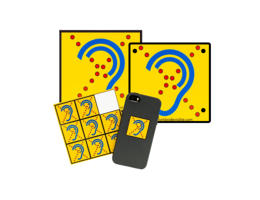 Limited Hearing Veilig op Weg Set met herkenningsstickers en symbolen voor slechthorenden op gele achtergrond