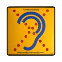 Reflecterende magneetsticker Limited Hearing voor auto – geel met blauwe oorprint Reflecterende magneetsticker Limited Hearing voor auto – geel met blauwe oorprint