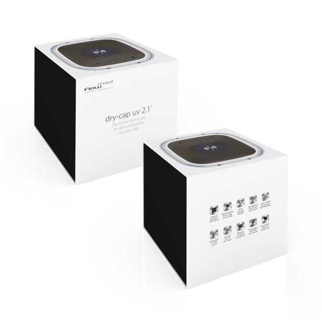 Flowmed Dry-Cap UV 2.1 – Verpakking met productinformatie voor elektronische hoortoestel droger Flowmed Dry-Cap UV 2.1 – Verpakking met productinformatie voor elektronische hoortoestel droger