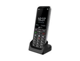 Geemarc CL8600 seniorentelefoon in oplaadstation met duidelijk display, sneltoetsen en gebruiksvriendelijk menu