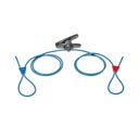 Rubberen koordset in driehoekvorm met blauwe lussen en metalen klem voor bevestiging van hoortoestellen of accessoires Rubberen koordset in driehoekvorm met blauwe lussen en metalen klem voor bevestiging van hoortoestellen of accessoires