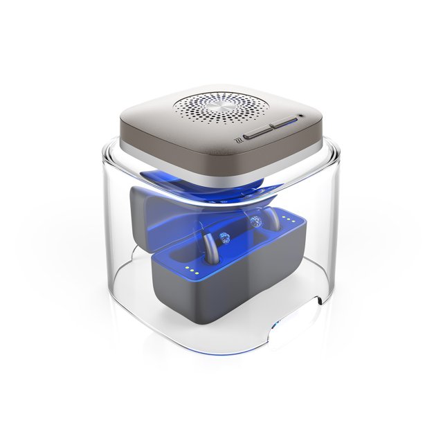 Flowmed Dry-Cap UV 2.1 – Werkend met hoortoestellen in het laadstation tijdens reiniging Flowmed Dry-Cap UV 2.1 – Werkend met hoortoestellen in het laadstation tijdens reiniging