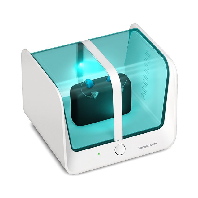 PerfectDome UV-reiniger gesloten met hoortoestellen en oplaadstation binnenin