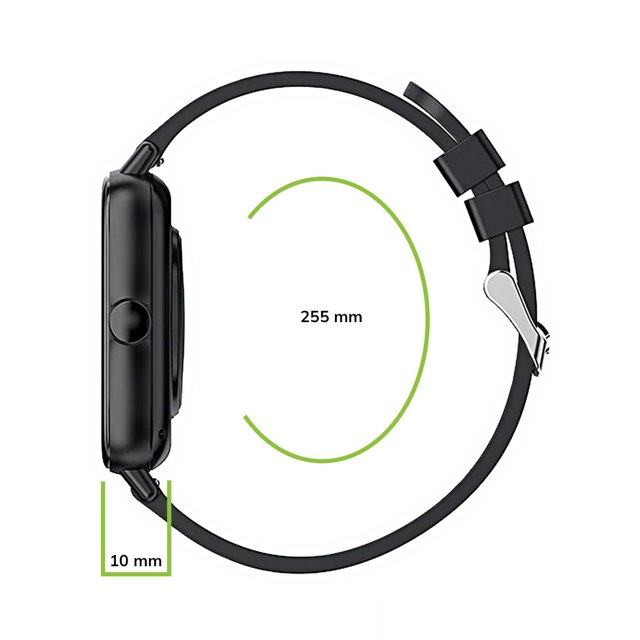 Zijaanzicht van de Maxcom FW55 smartwatch zwart met 10 mm dikte en polsomtrek van 255 mm. Zijaanzicht van de Maxcom FW55 smartwatch zwart met 10 mm dikte en polsomtrek van 255 mm.