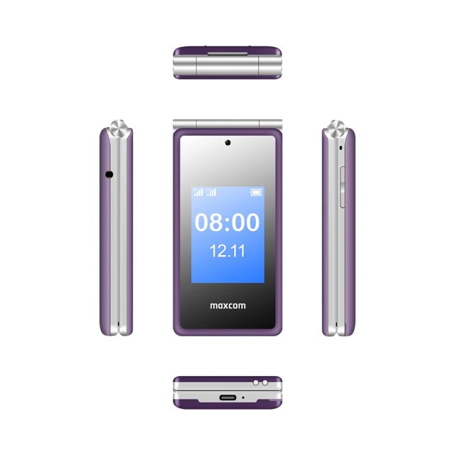 Maxcom MM835 paarse senioren klaptelefoon 4G compact model met buiten- en binnenkant weergave Maxcom MM835 paarse senioren klaptelefoon 4G compact model met buiten- en binnenkant weergave