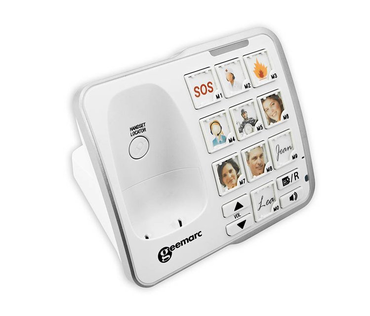 Basisstation van de Geemarc AmpliDect 295 Foto Tweede Kans met 10 programmeerbare foto-geheugentoetsen en ingebouwd antwoordapparaat.