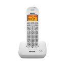 Maxcom MC6800 DECT draadloze seniorentelefoon in wit recht van voren met groot display en duidelijke toetsen op oplaadstation