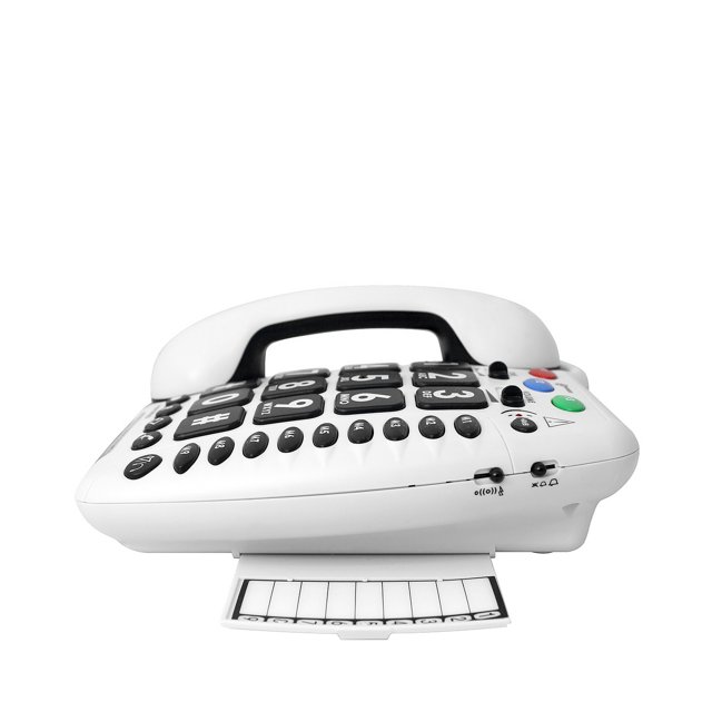 Geemarc Amplipower 50 - Rechter zijaanzicht vaste telefoon, wit model, met volumeregelaar en functietoetsen.