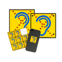 Limited Hearing Veilig op Weg Set met herkenningsstickers en symbolen voor slechthorenden op gele achtergrond Limited Hearing Veilig op Weg Set met herkenningsstickers en symbolen voor slechthorenden op gele achtergrond