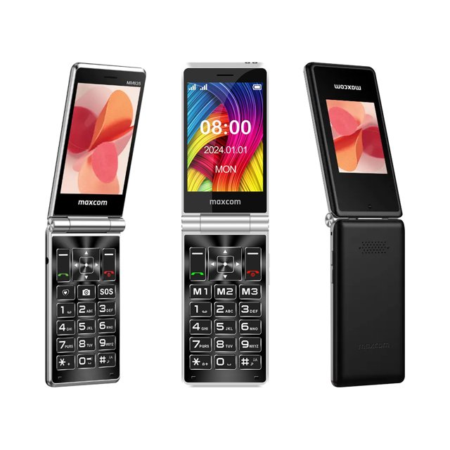 Maxcom MM835 zwarte senioren klaptelefoon opengeklapt met groot kleurenscherm en toetsenbord met SOS knop