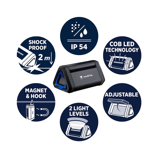 Varta Work Flex Area Light – Kenmerken: IP54, schokbestendig, magneet & haak Varta Work Flex Area Light – Kenmerken: IP54, schokbestendig, magneet & haak