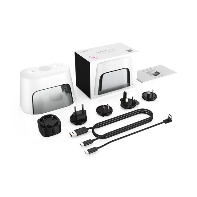 Flowmed Dry-Cap UV 4 droogkap met complete verpakking met stekkers en USB-C kabels Flowmed Dry-Cap UV 4 droogkap met complete verpakking met stekkers en USB-C kabels