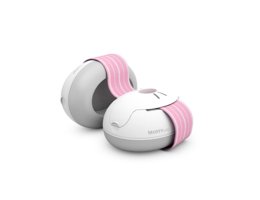 Close-up van Alpine Muffy Baby roze gehoorbescherming met zachte verstelbare hoofdband voor optimaal draagcomfort bij baby's