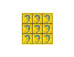 Stickervel met 9 Limited Hearing textielstickers – geel met blauw oor en rode stippen