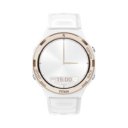 Vooraanzicht van de Maxcom Valkiria smartwatch met witte analoge wijzerplaat en subtiele dataweergave.