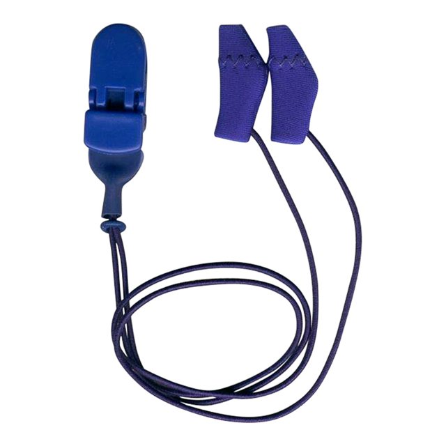 Donkerblauwe Ear Gear Micro met bevestigingskoord – comfortabele bescherming voor kleine hoortoestellen