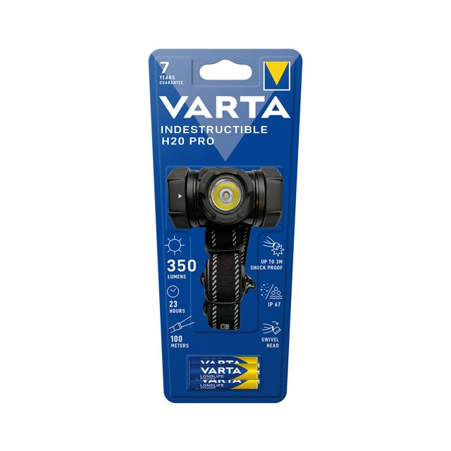 Verpakking van de Varta LED Hoofdlamp Indestructible H20 Pro met specificaties zoals 350 lumen en waterdichtheid Verpakking van de Varta LED Hoofdlamp Indestructible H20 Pro met specificaties zoals 350 lumen en waterdichtheid
