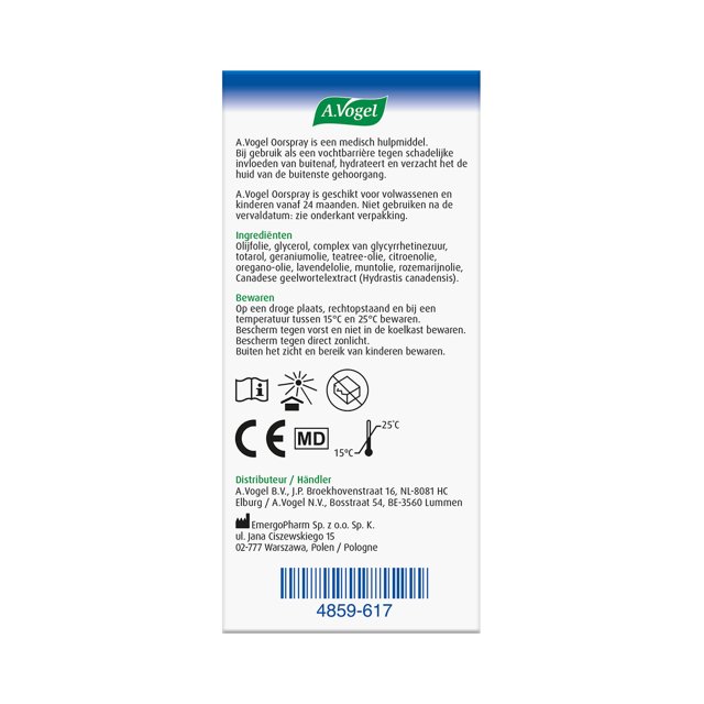 A.Vogel Oorspray Oorsmeer 10 ml achterzijde verpakking met ingrediëntenlijst en bewaarvoorschriften A.Vogel Oorspray Oorsmeer 10 ml achterzijde verpakking met ingrediëntenlijst en bewaarvoorschriften