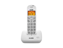 Maxcom MC6800 DECT draadloze seniorentelefoon in wit recht van voren met groot display en duidelijke toetsen op oplaadstation