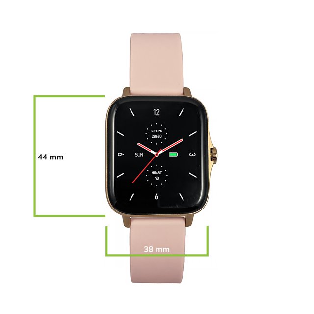 Maxcom FW55 smartwatch met weergave van afmetingen: 44 mm hoog en 38 mm breed. Maxcom FW55 smartwatch met weergave van afmetingen: 44 mm hoog en 38 mm breed.