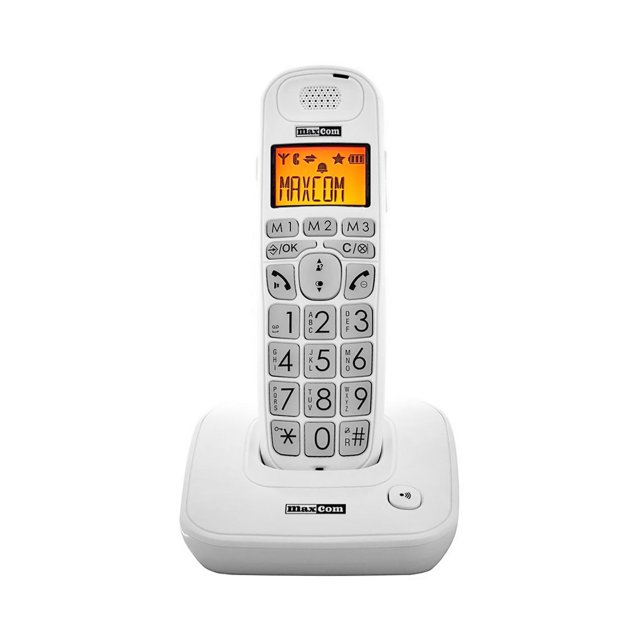 Maxcom MC6800 DECT draadloze seniorentelefoon in wit recht van voren met groot display en duidelijke toetsen op oplaadstation