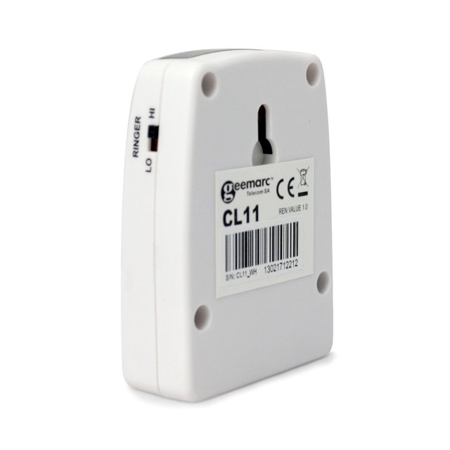 Geemarc CL11 achterzijde – wandmontage en serienummer Geemarc CL11 achterzijde – wandmontage en serienummer