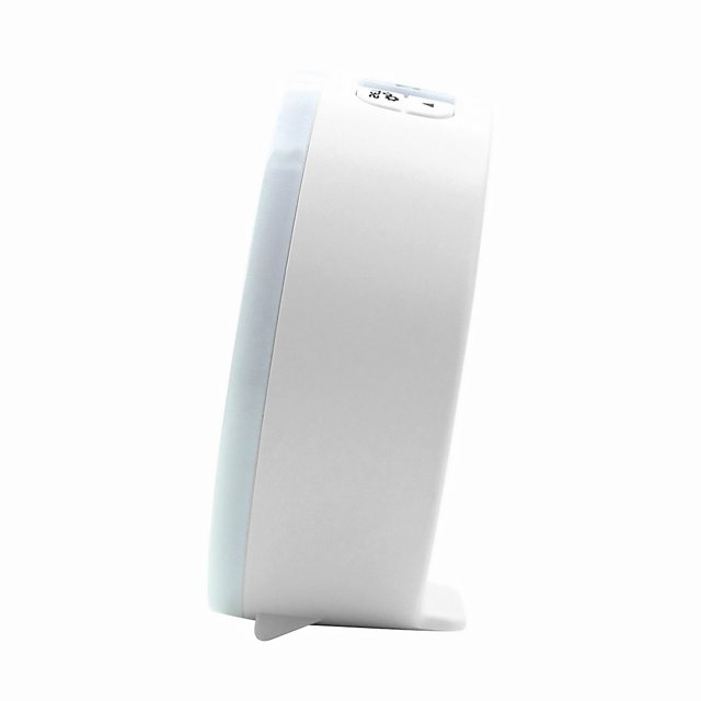 Zijkant van de Geemarc Wake & Shake Star wekker met een licht hellend ontwerp voor betere zichtbaarheid.