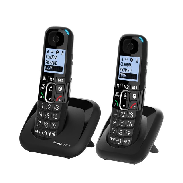 Amplicomms BigTel 1502 Duo draadloze telefoons met grote knoppen, helder scherm en twee laadstations Amplicomms BigTel 1502 Duo draadloze telefoons met grote knoppen, helder scherm en twee laadstations