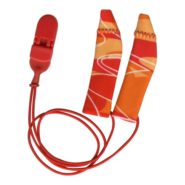 Ear Gear FM hoes in oranje-rood design met bevestigingskoord – opvallende bescherming voor grotere hoortoestellen