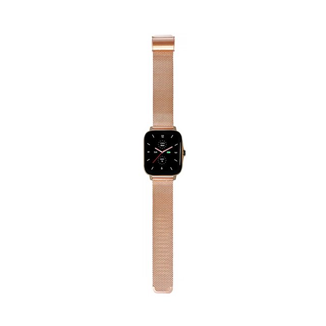 Maxcom FW55 smartwatch volledig uitgestrekt met roségoudkleurige metalen milanese band. Maxcom FW55 smartwatch volledig uitgestrekt met roségoudkleurige metalen milanese band.