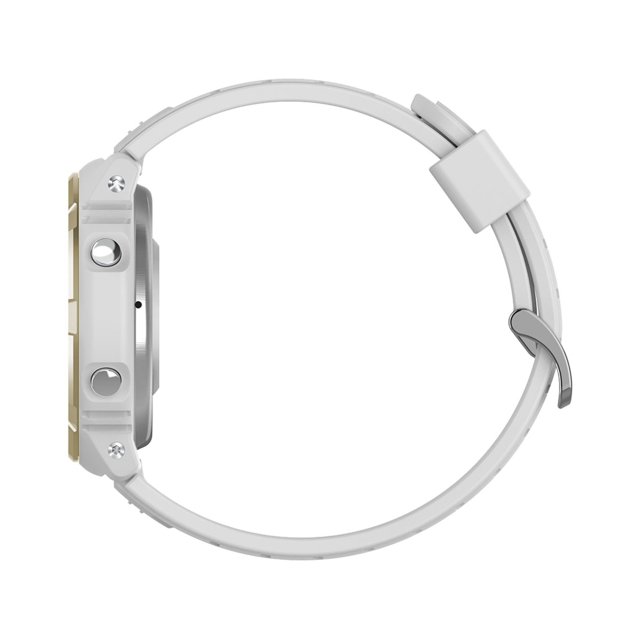 Zijaanzicht van de witte Maxcom Valkiria smartwatch met stevige knoppen en siliconen band.
