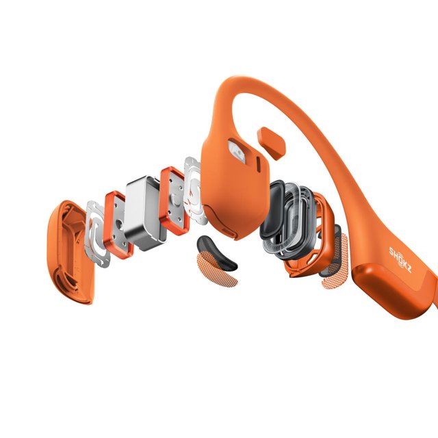 Exploded view van de Shokz OpenRun Pro 2 Mini Hoofdtelefoon Oranje – geavanceerde bone conduction technologie uitgelegd – HearPlanet Exploded view van de Shokz OpenRun Pro 2 Mini Hoofdtelefoon Oranje – geavanceerde bone conduction technologie uitgelegd – HearPlanet