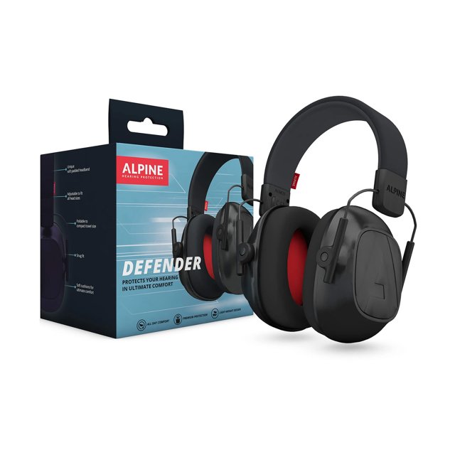 Alpine Defender oorkappen zwart met verpakking in hoekaanzicht