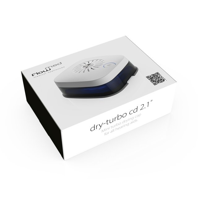 Flowmed Dry-Turbo CD 2.1 droogbox in verpakking witte compacte droogunit voor hoortoestellen Flowmed Dry-Turbo CD 2.1 droogbox in verpakking witte compacte droogunit voor hoortoestellen