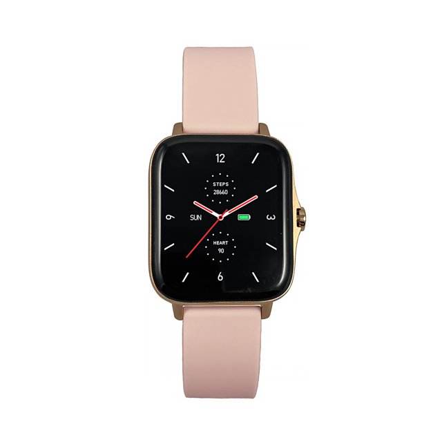 Vooraanzicht van de Maxcom FW55 smartwatch met analoge wijzerplaat, roze band en hartslag- en stappenteller. Vooraanzicht van de Maxcom FW55 smartwatch met analoge wijzerplaat, roze band en hartslag- en stappenteller.