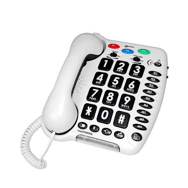 Geemarc Amplipower 50 - Bovenaanzicht vaste telefoon, wit model, met grote toetsen en functietoetsen.
