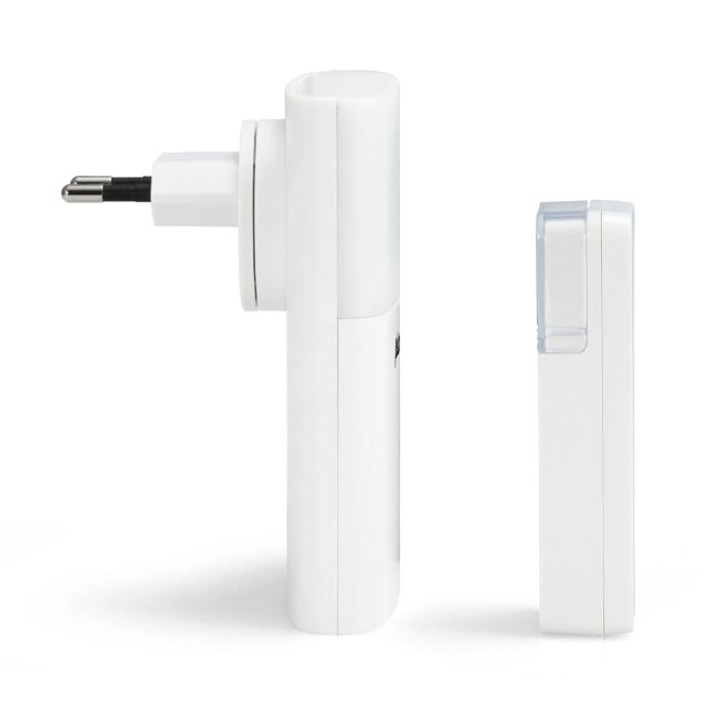 Fysic FD-110 draadloze deurbel met flitslicht – zijaanzicht van bel en ontvanger Fysic FD-110 draadloze deurbel met flitslicht – zijaanzicht van bel en ontvanger