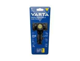 Verpakking van de Varta LED Hoofdlamp Indestructible H20 Pro met specificaties zoals 350 lumen en waterdichtheid