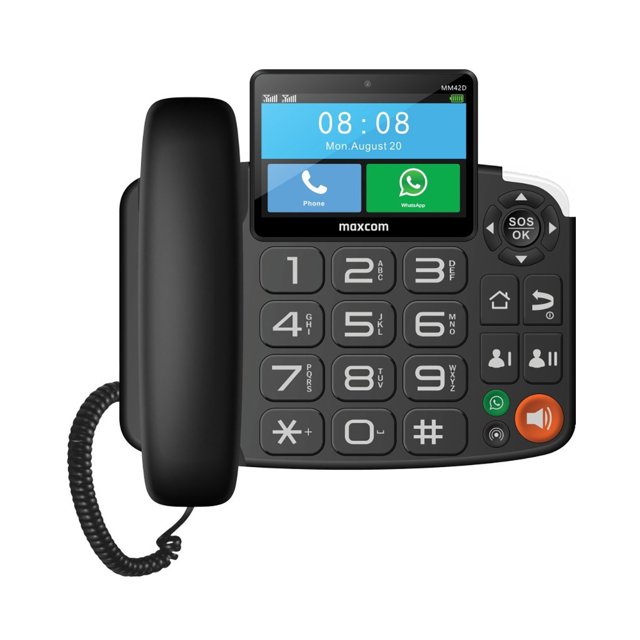 Vooraanzicht van de Maxcom MM42D SE 4G vaste telefoon met groot scherm, WhatsApp en SOS-knop voor ouderen