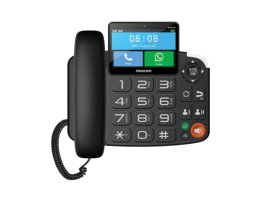 Vooraanzicht van de Maxcom MM42D SE 4G vaste telefoon met groot scherm, WhatsApp en SOS-knop voor ouderen