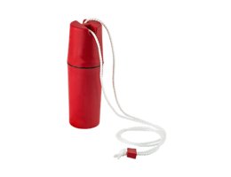 Strandsafe rood waterdicht opbergdoosje voor gehoorbescherming met wit koord en stevig kunststof ontwerp