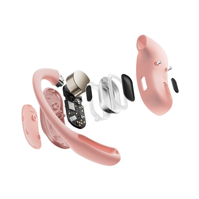 Binnenwerk van de Shokz OpenFit Air roze hoofdtelefoon met innovatieve componenten Binnenwerk van de Shokz OpenFit Air roze hoofdtelefoon met innovatieve componenten