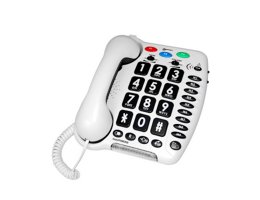 Geemarc Amplipower 50 Tweede Kans - Bovenaanzicht vaste telefoon, wit model, met grote toetsen en functietoetsen.