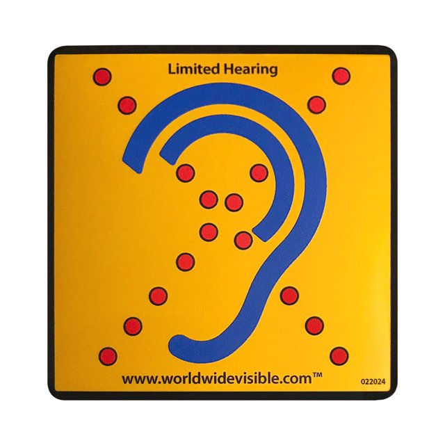 Reflecterende magneetsticker Limited Hearing voor auto – geel met blauwe oorprint Reflecterende magneetsticker Limited Hearing voor auto – geel met blauwe oorprint