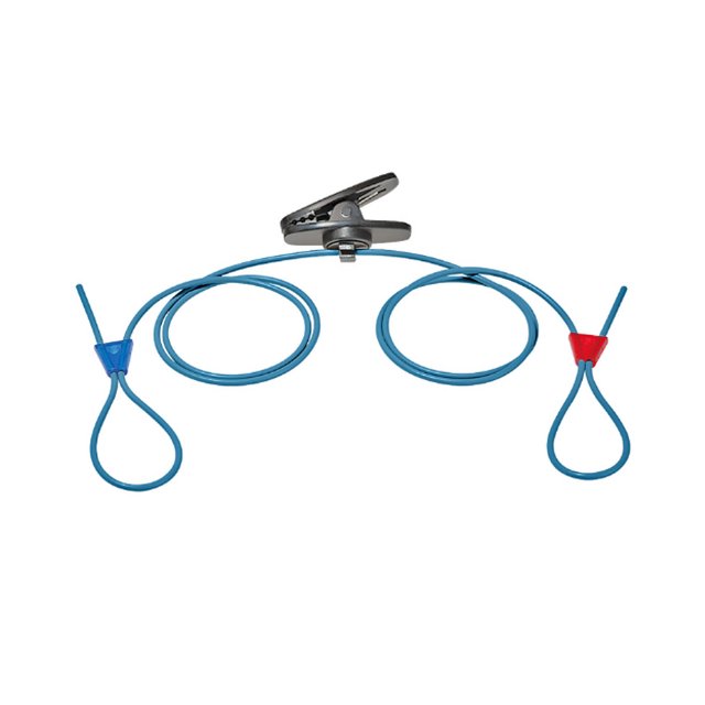 Rubberen koordset in driehoekvorm met blauwe lussen en metalen klem voor bevestiging van hoortoestellen of accessoires Rubberen koordset in driehoekvorm met blauwe lussen en metalen klem voor bevestiging van hoortoestellen of accessoires